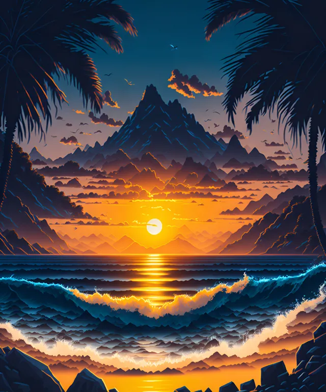 a painting of a sunset over the ocean