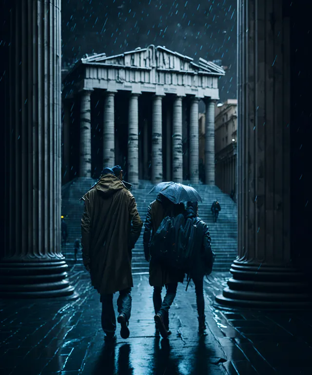 two people walking in the rain under an umbrella