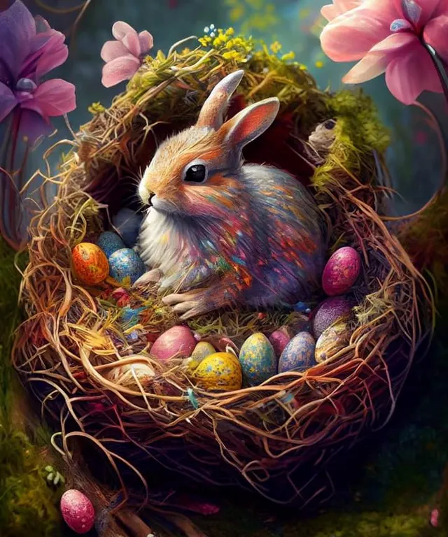 a painting of a bunny in a nest with eggs