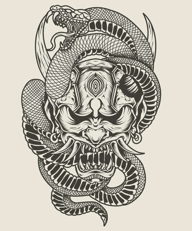 a black and white drawing of a snake with a man's face