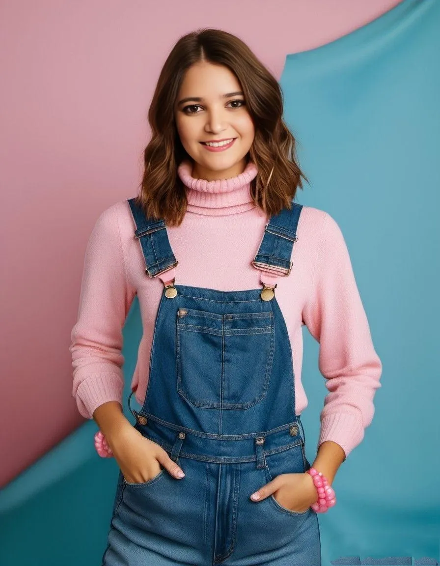 a woman wearing overalls and a pink sweater