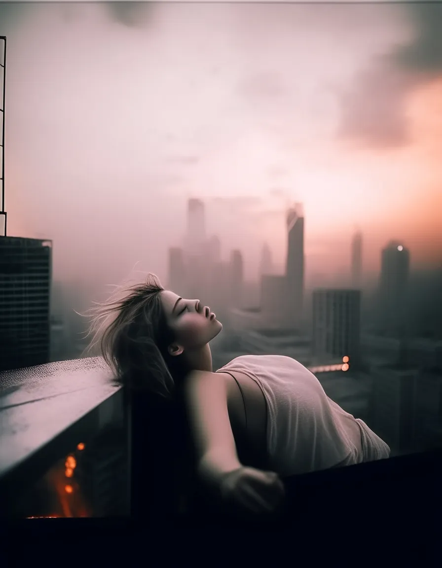 Woman on ledge with cityscape view in background