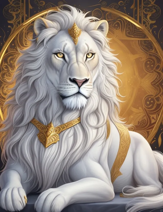 a white lion with a golden crown on its head