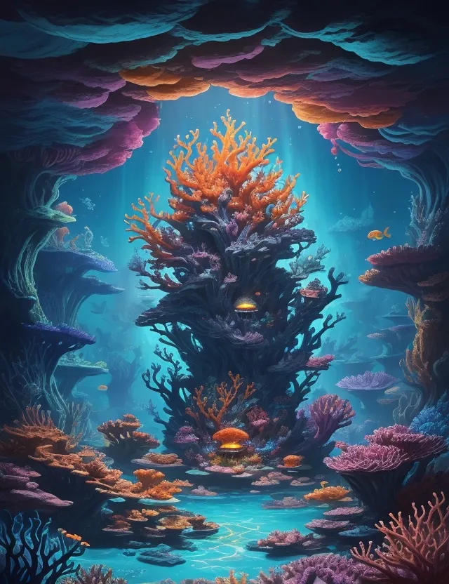 a painting of an underwater scene with corals