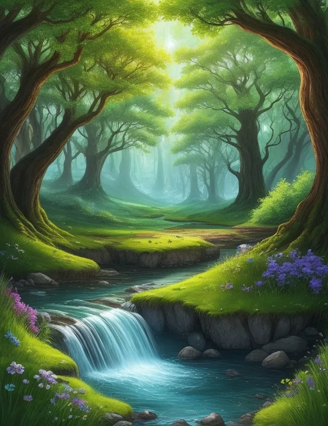 a painting of a stream running through a forest