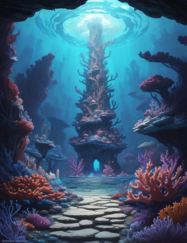 an underwater scene with a path leading to a cave