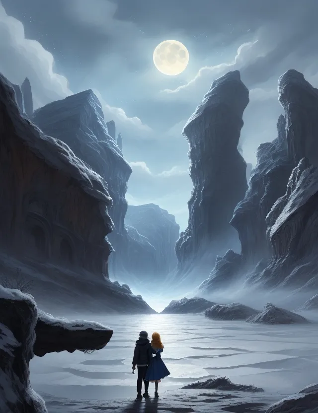 a man and a woman standing on a beach under a full moon