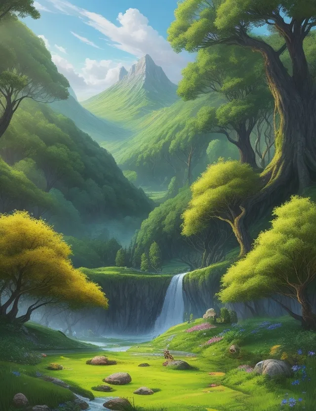 a painting of a waterfall in the middle of a forest