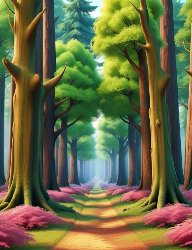 a painting of a path through a forest