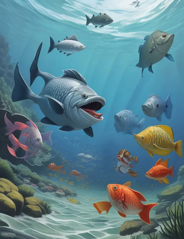 a painting of a group of fish swimming in the ocean