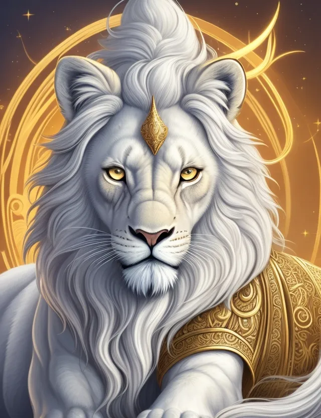 a white lion with a golden crown on its head