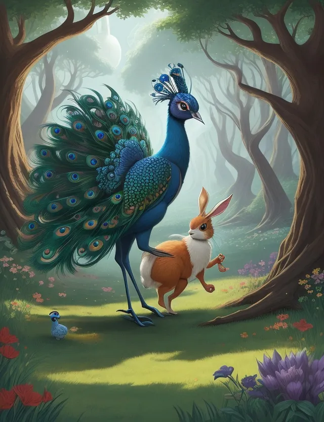 a painting of a peacock and a dog in a forest