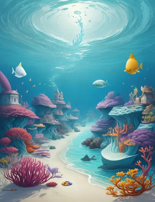 a painting of an underwater scene with corals and fish