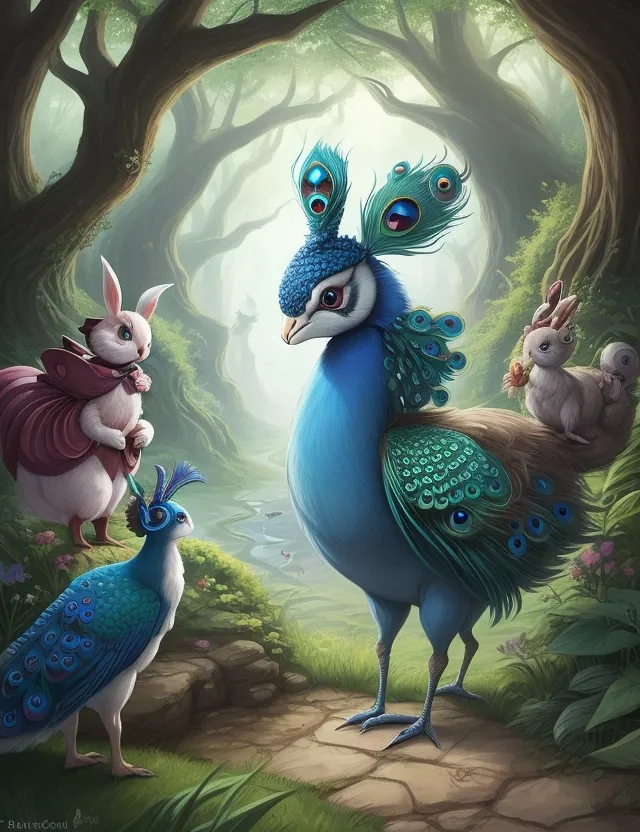 a painting of a peacock and rabbits in a forest