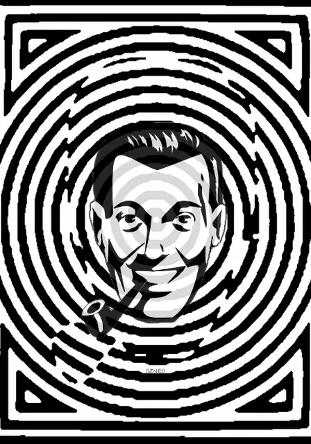 a black and white image of a man in a maze. hair, head, eye, facial expression, painting, art, font, style, rectangle, black-and-white