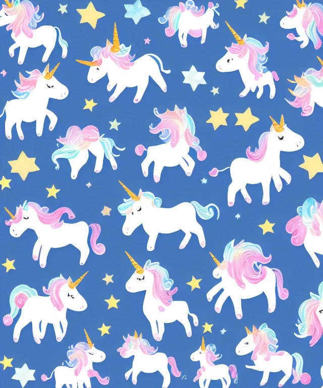 a pattern of unicorns and stars on a blue background