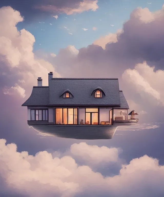 a house floating in the air surrounded by clouds