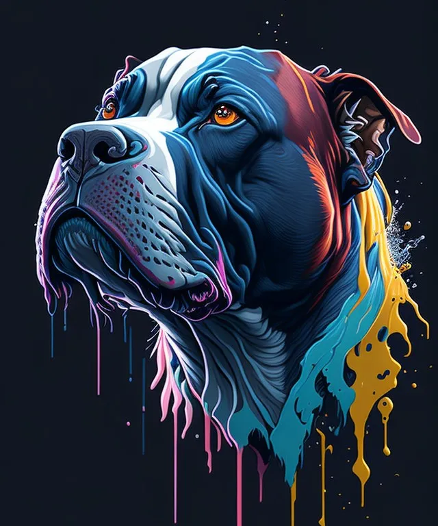 a dog's head with colorful paint splatters on it