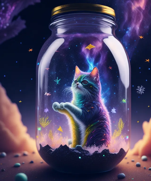 a painting of a cat in a glass jar