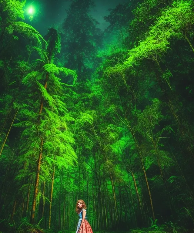 a woman standing in the middle of a forest
