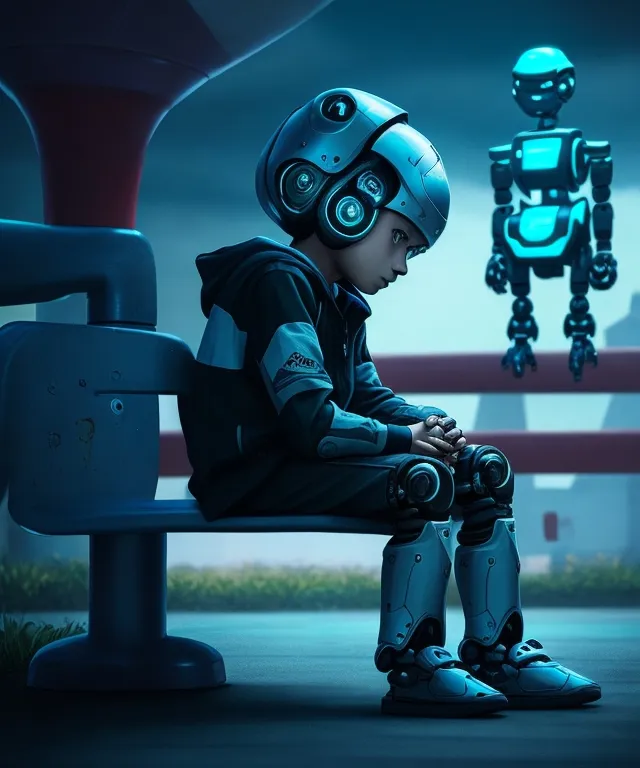 a little boy sitting on a bench with a robot behind him