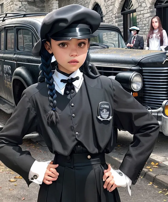 a young girl dressed in a police uniform