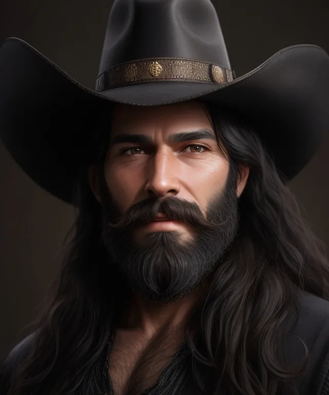 a man with long hair and a beard wearing a cowboy hat