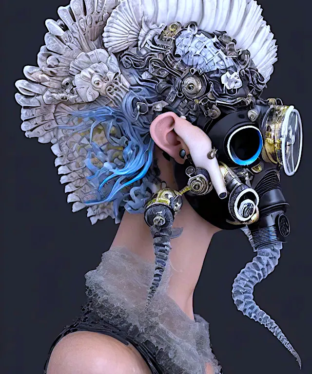 a woman with a mask made of mechanical parts