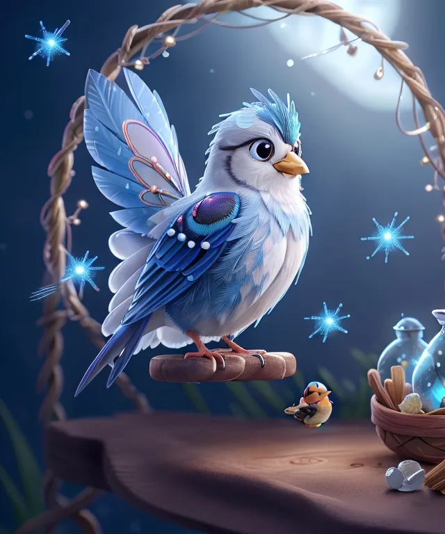 a blue bird sitting on top of a wooden table