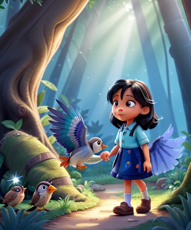 a little girl holding a bird in a forest
