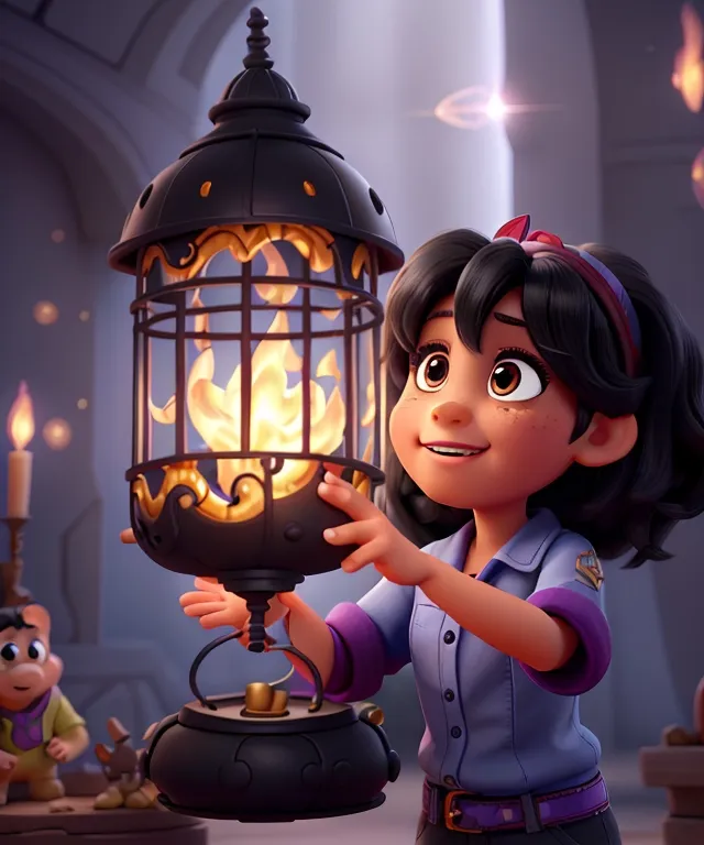a cartoon character holding a lamp with fire coming out of it