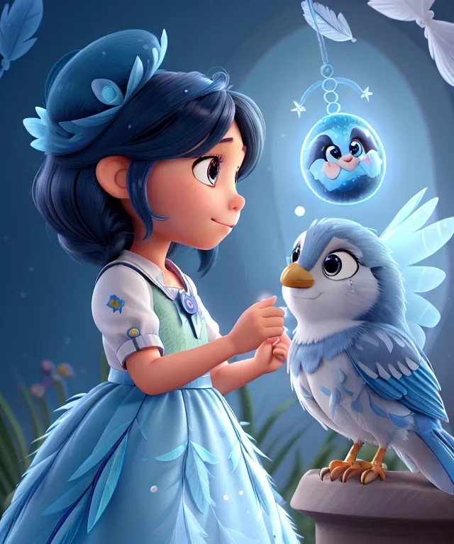 a little girl in a blue dress holding a blue bird