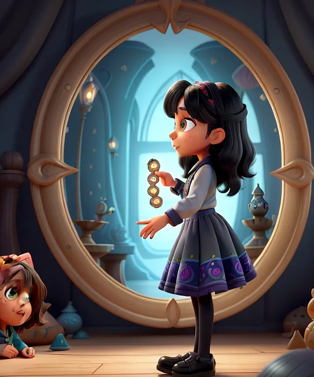 a little girl standing in front of a mirror
