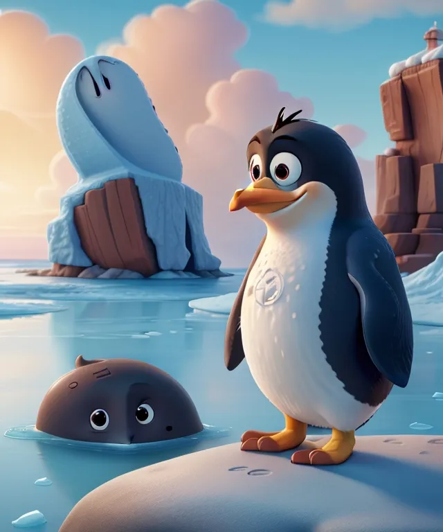 a penguin standing on a rock next to an iceberg