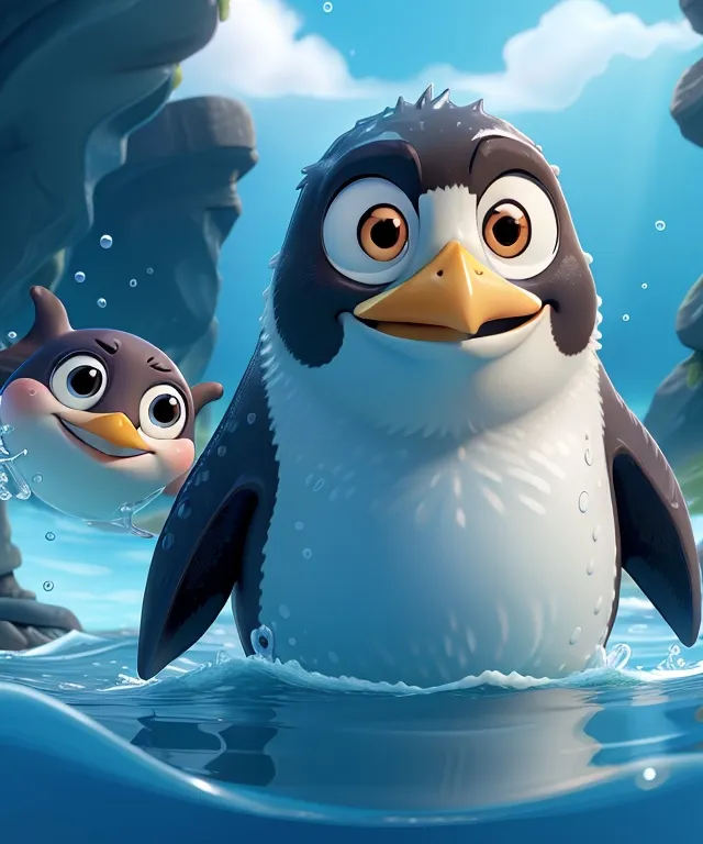 a penguin and a penguinling swimming in the water