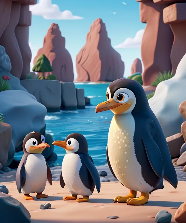 a group of penguins standing on top of a sandy beach