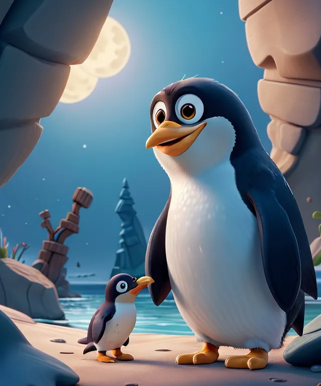 a penguin and a penguinling standing on a beach