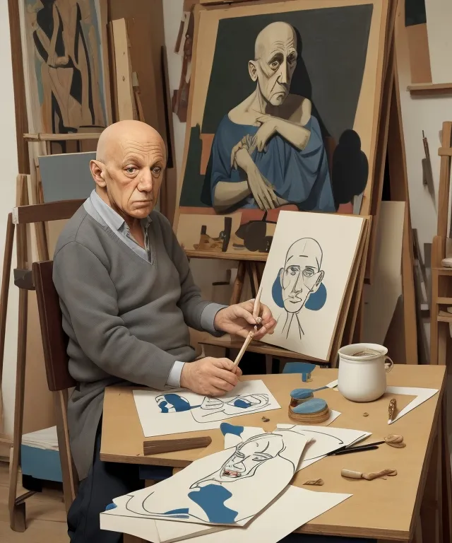 a man sitting in front of a table with a painting on it