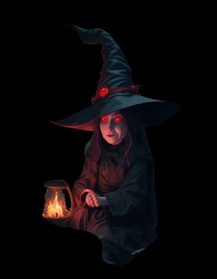 a little girl dressed as a witch holding a lantern