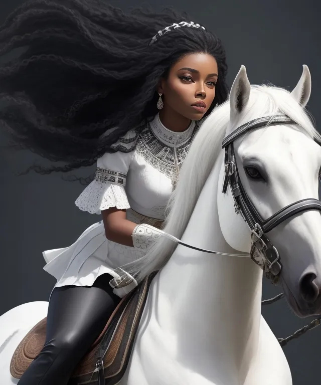 a woman riding on the back of a white horse