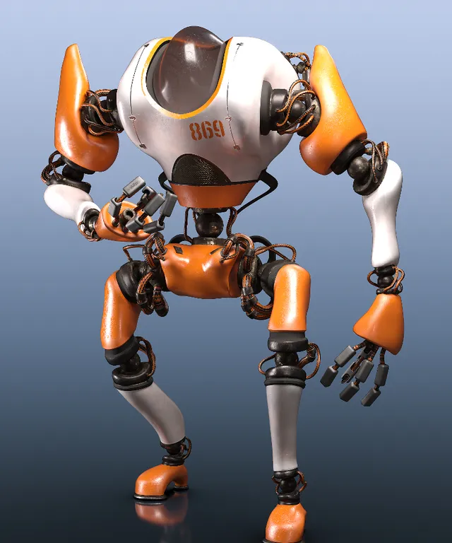 an orange and white robot standing on its legs