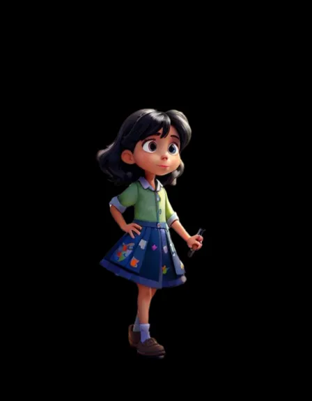 a cartoon girl in a blue dress holding a cell phone