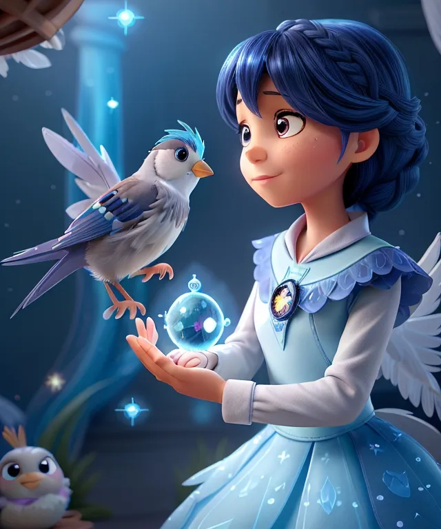 a girl in a blue dress holding a bird