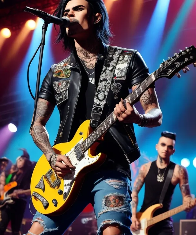 a man holding a yellow guitar on top of a stage