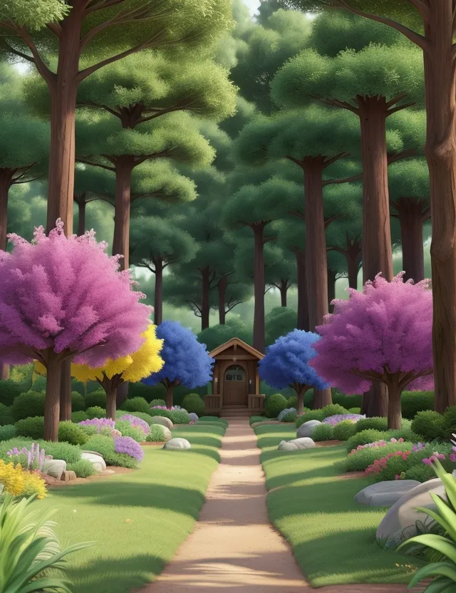 a painting of a pathway through a forest