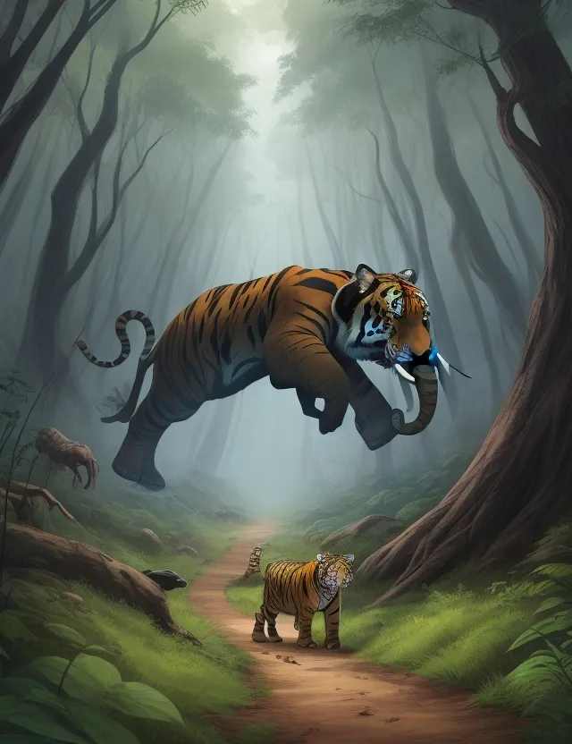 a painting of a tiger jumping over a tiger in a forest