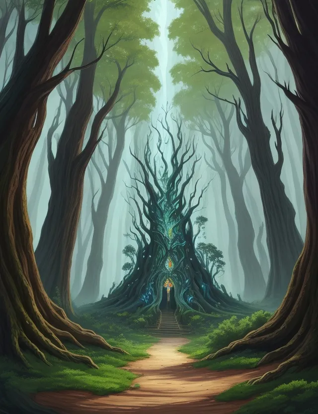 a painting of a forest with trees and a path