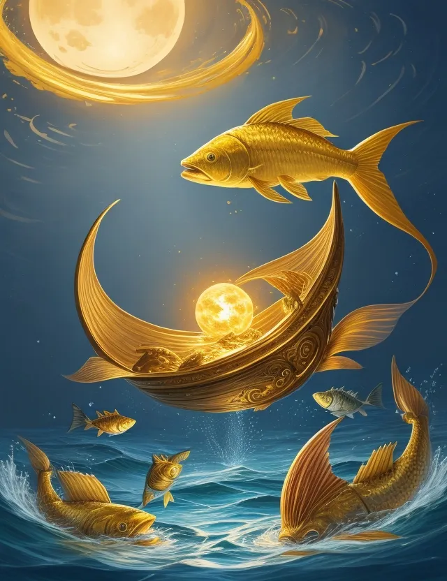 a painting of a boat in the ocean with gold fish