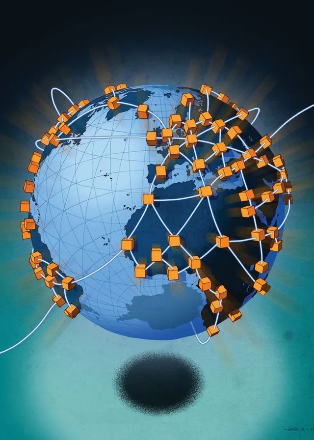 a picture of a globe with orange cubes on it