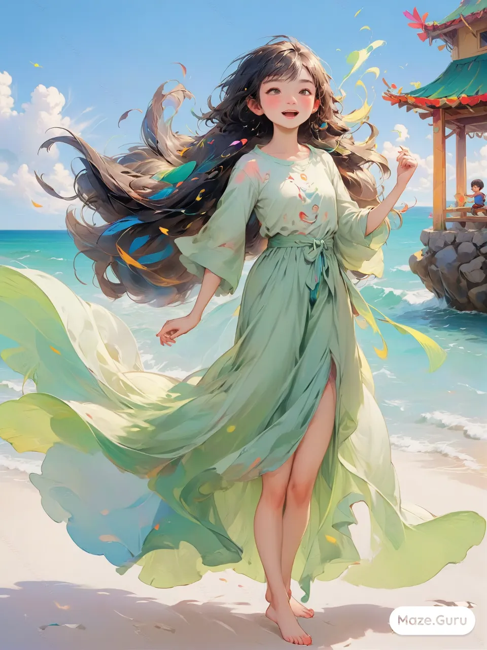 a woman in a green dress standing on a beach